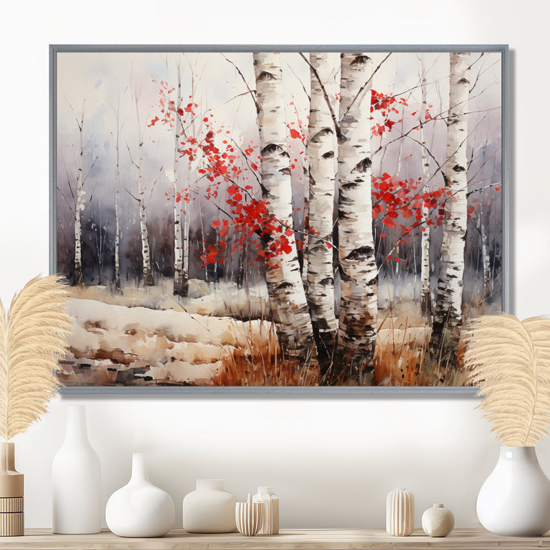 Bois de bouleau blanc et rouge en hiver III - Art mural bouleau, H 24 po x l 32 po x P 1 po, Encadrement argenté