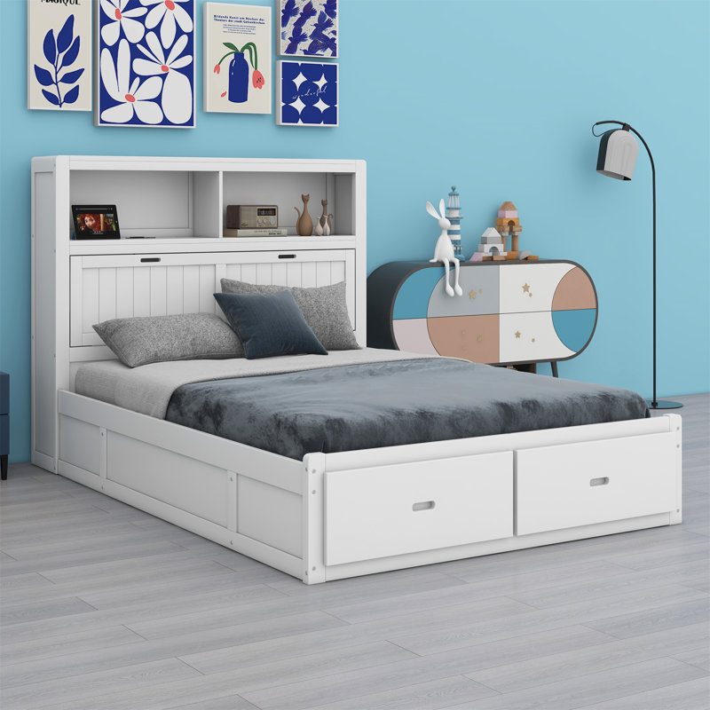 Pariasca Wood Hydraulic Platform Bed with Storage LED Headboard, Charging Station and 2 Drawers, Queen, White