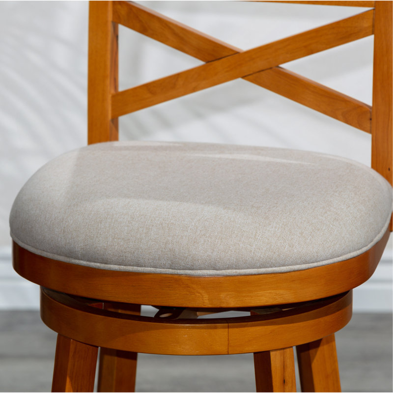 30" Bar Height X-Back Swivel Stool, Natural Finish, Beige Fabric Seat, Beige, Orange