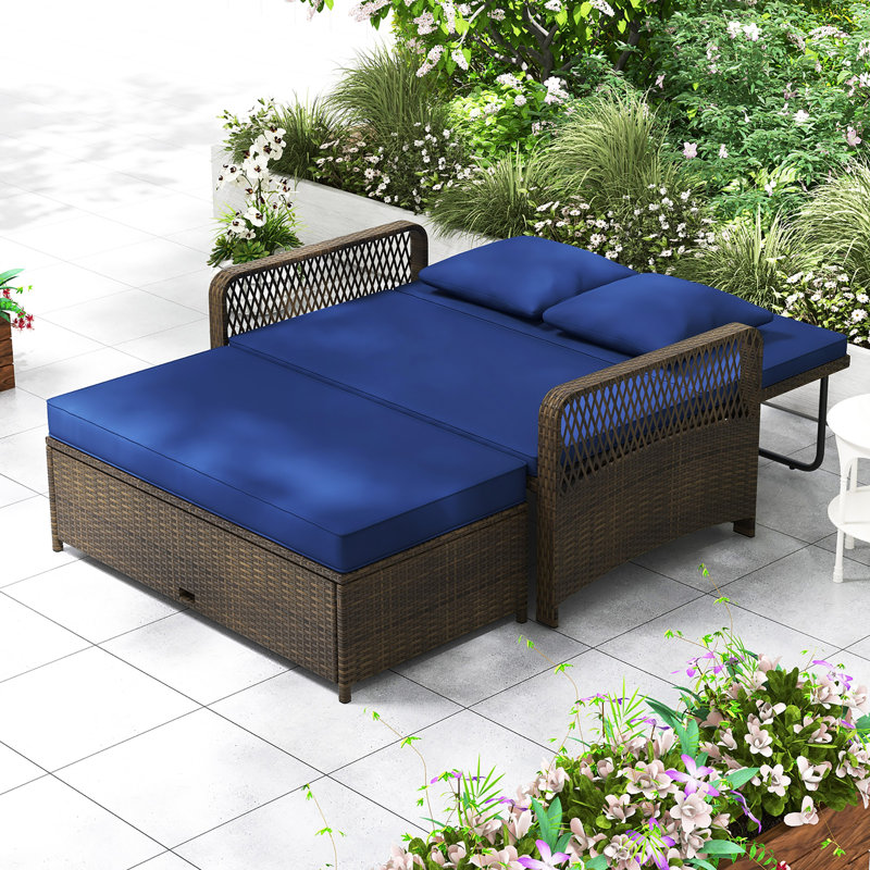 Patio Rattan Daybed Wicker Loveseat Sofa w/ Multifunctional Ottoman, Navy