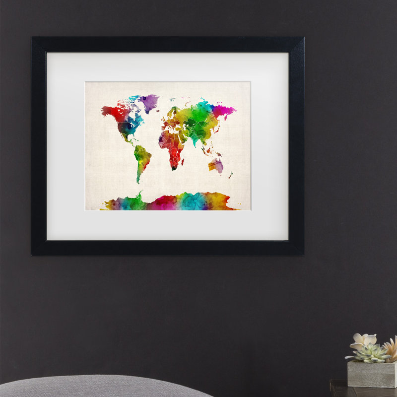 « world map ii », reproduction de peinture à l’aquarelle sur toile, H 11 po x l 14 po x P 0,5 po, Cadre noir
