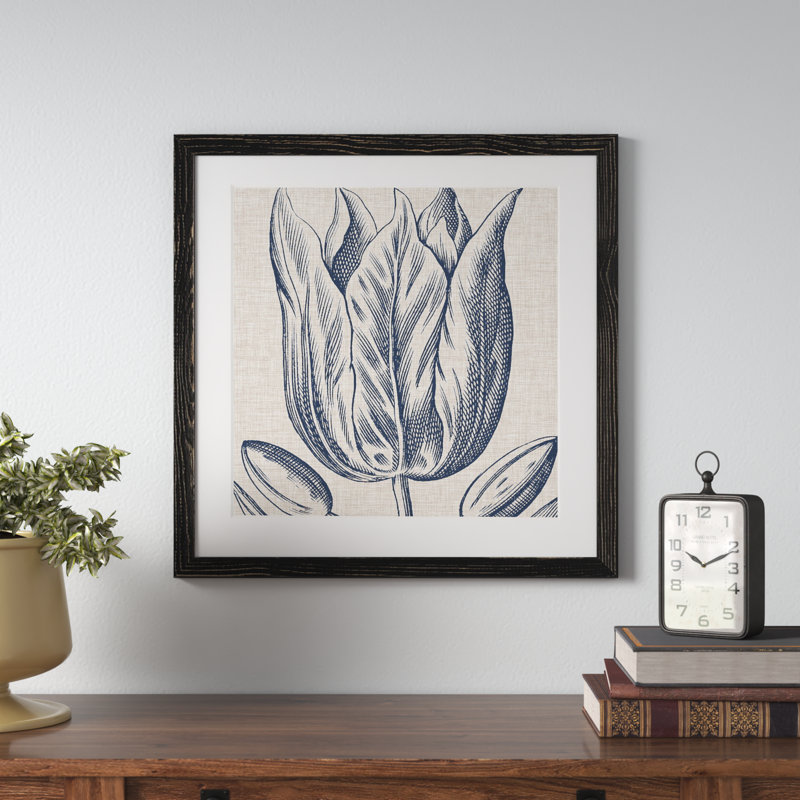 Indigo floral sur lin VI - reproduction encadrée de qualité supérieure - prêt à être accroché - impression encadrée sur papier