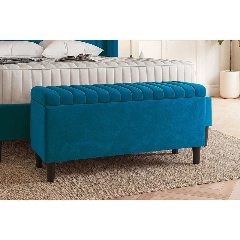 Plush Velvet Lined Upholstered Ottoman Storage Box with Wooden Legs, Emerald Green, 45cm H X 90cm W X 40cm D