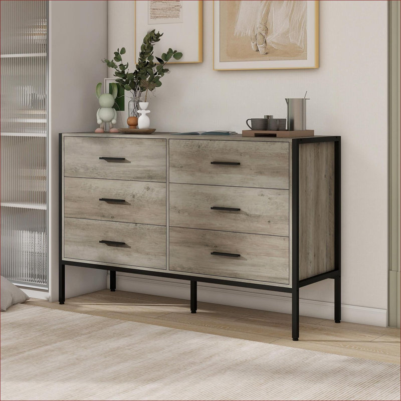 Commodes | Commode de rangement robuste à 6 tiroirs, style rustique, bois d'ingénierie et amp; Structure en acier, 48 pouces, gris ardoise | Panneau de particules | Chambre à coucher