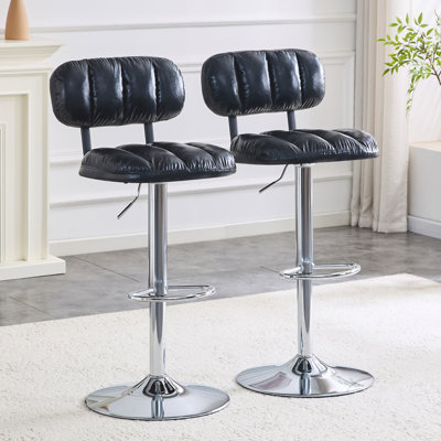 Adjustable Bar Stools Set Of 2, Black Pu Leather, Modern Chrome For Kitchen & Bar