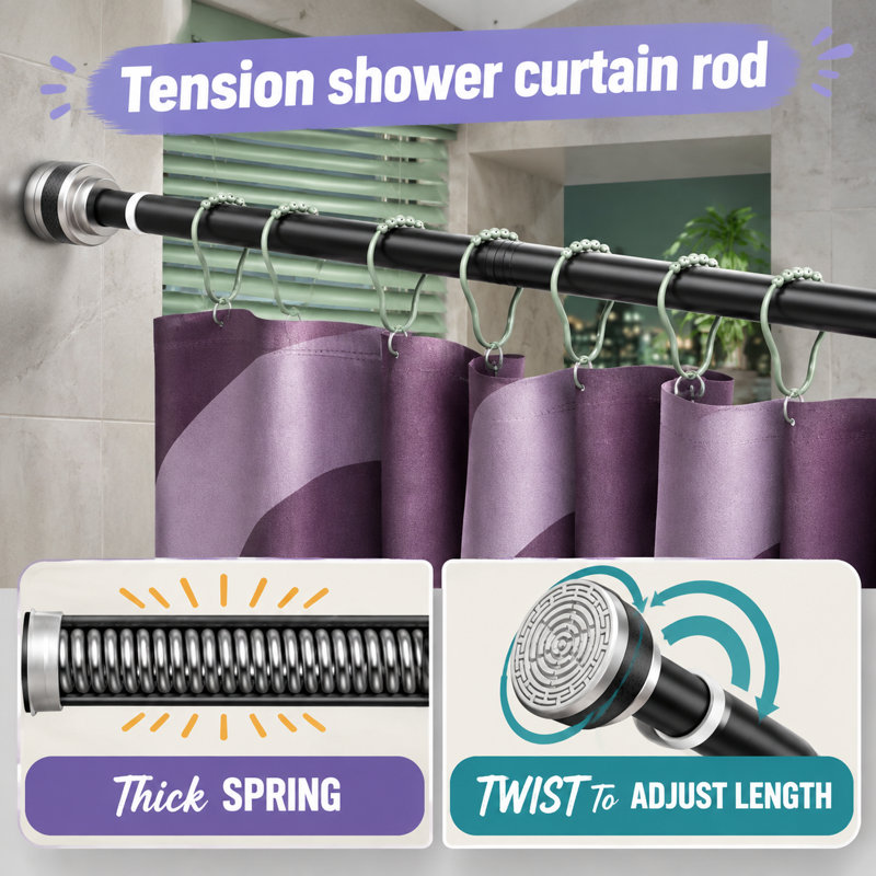 This black rustproof spring-tension shower rod adjusts from 65-249cm / 25.6-98inch; the non-slip mount needs no drilling or tools and is suitable for baths, kitchens, and closets.