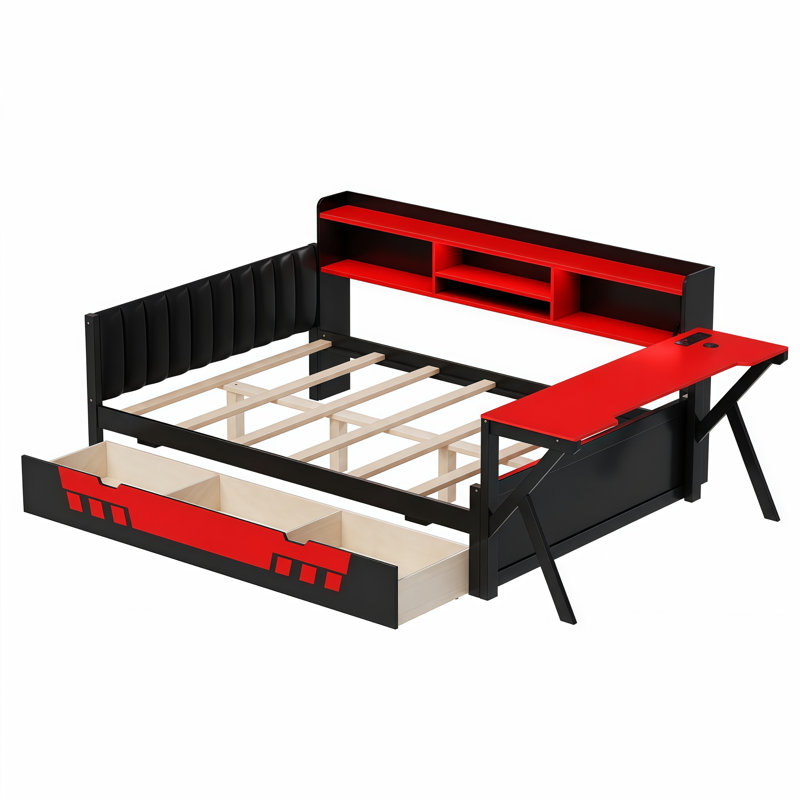 Lit de jeu pleine grandeur avec bureau, étagères de rangement, éclairage DEL, station de recharge et bibliothèque, noir et rouge.