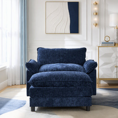 Chaise d'appoint moderne avec repose-pieds, tissu chenille, structure en bois massif