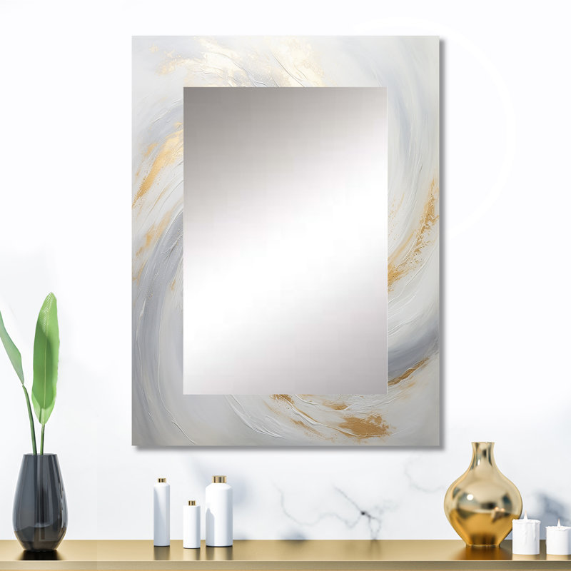 Gold And White Soft Wave Vortex II - Abstract Spirals Large Wall Mirror, Beige Decorative Mirror, Printed Metal Art