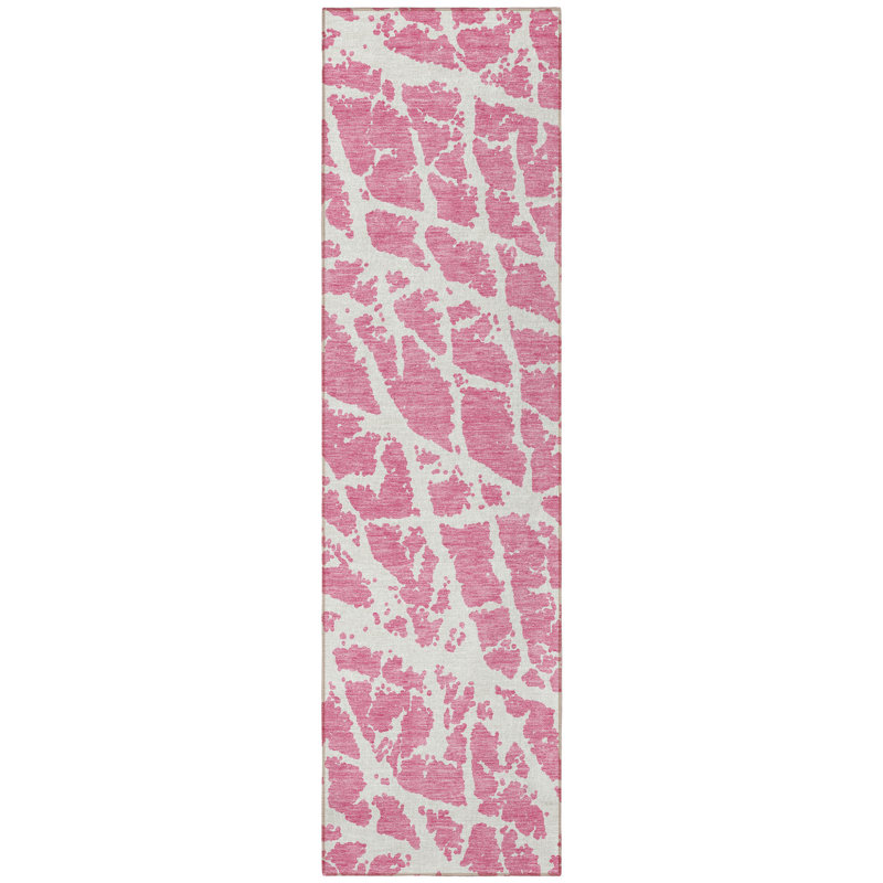 8' Runner Pink and Ivory Abstract Washable Non Skid Indoor Outdoor Runner Rug
