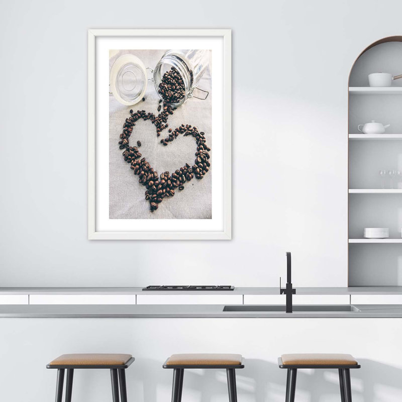 Coffee Heart Bean - Single Picture Frame Print, White, 90cm H x 60cm W