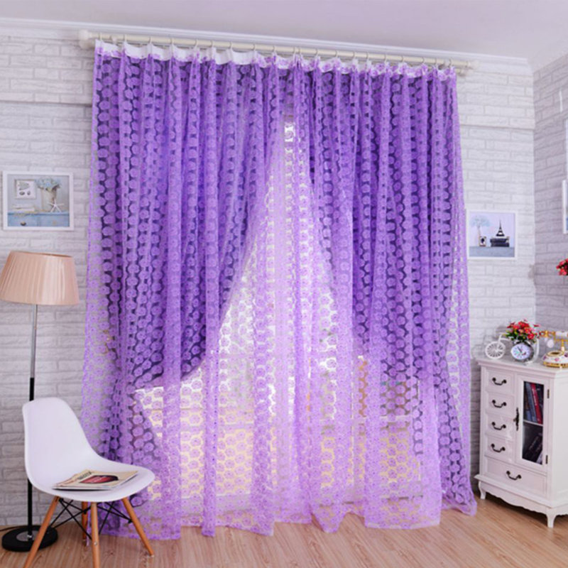 3D Rose Floral Sheer Curtains, Light Filtering Rod Pocket Window Curtain Set, 100x200CM, 2 Panels, Purple