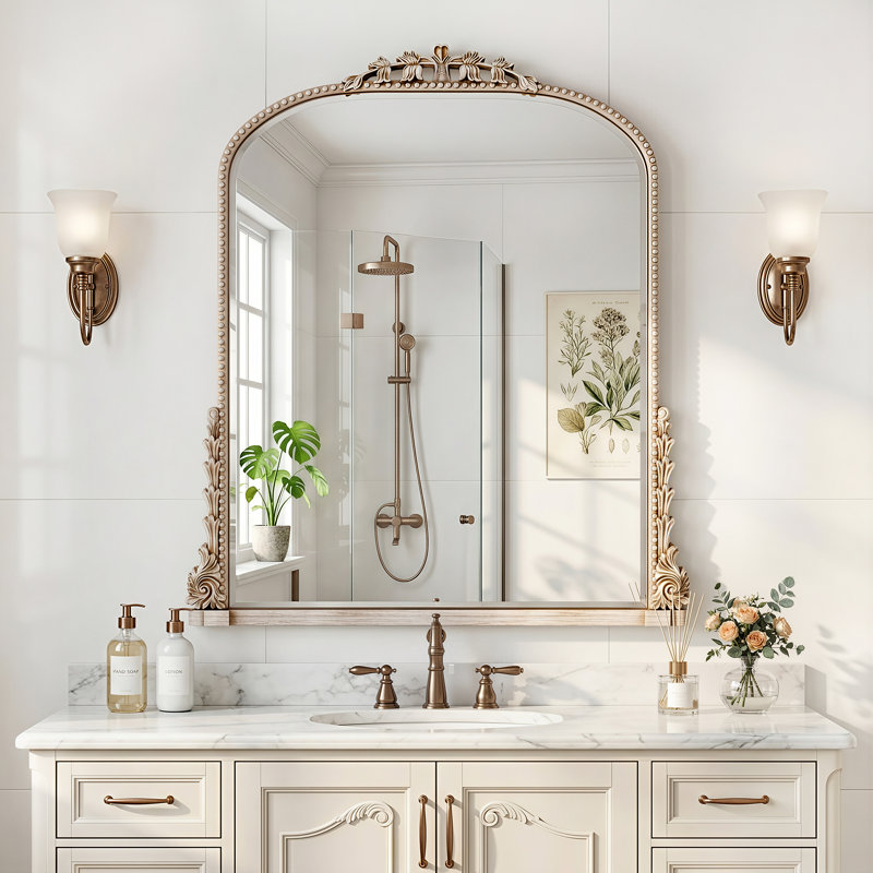 Miroir de salle de bain rétro gravé, miroir mural arqué, Argent, 32"×40"