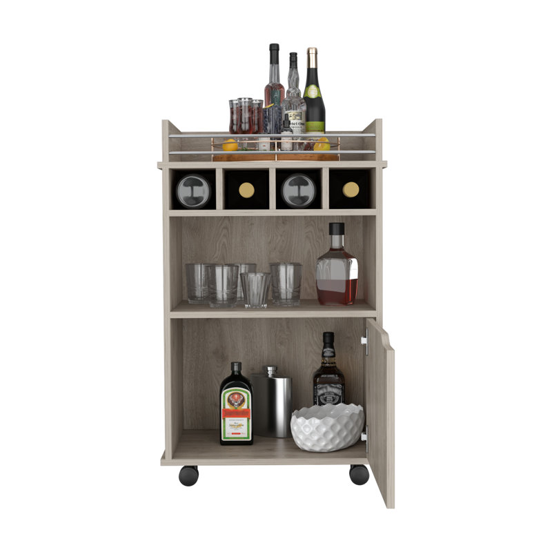 Chariot-bar avec 2 tablettes ouvertes, 4 casiers à vin et une armoire de rangement à portes battantes, Beige