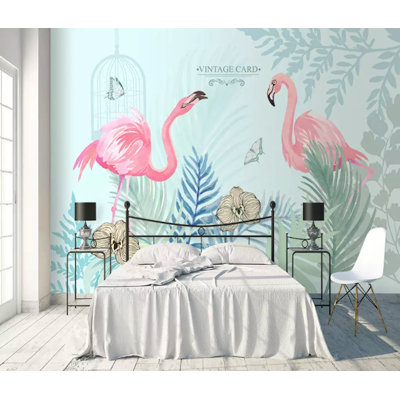Papier peint amovible feuilles de bananier flamant tropical