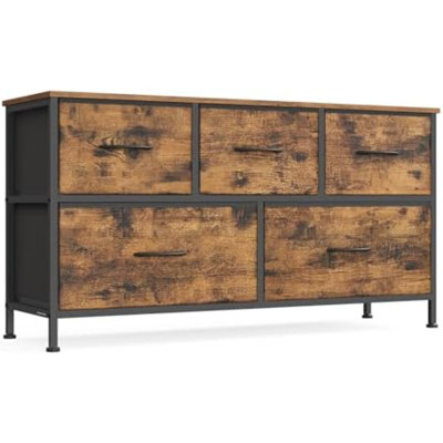 Dresser For Bedroom, Chest Of Drawers, Steel, MDF, 5 Non-Woven Fabric Drawers, Storage Organizer Unit, Closet, Entryway, Rustic Brown And Ink Black
