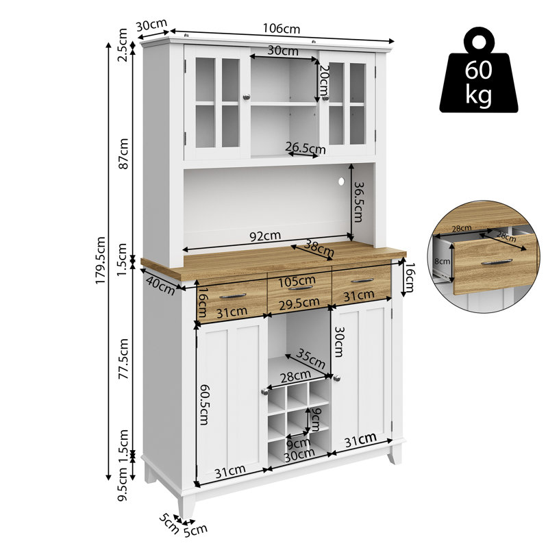 180cm Kitchen Pantry, White/Natural