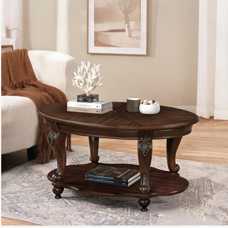 Table basse American avec tablette inférieure, pieds en bois d'hévéa massif, finition cerisier, 42 po
