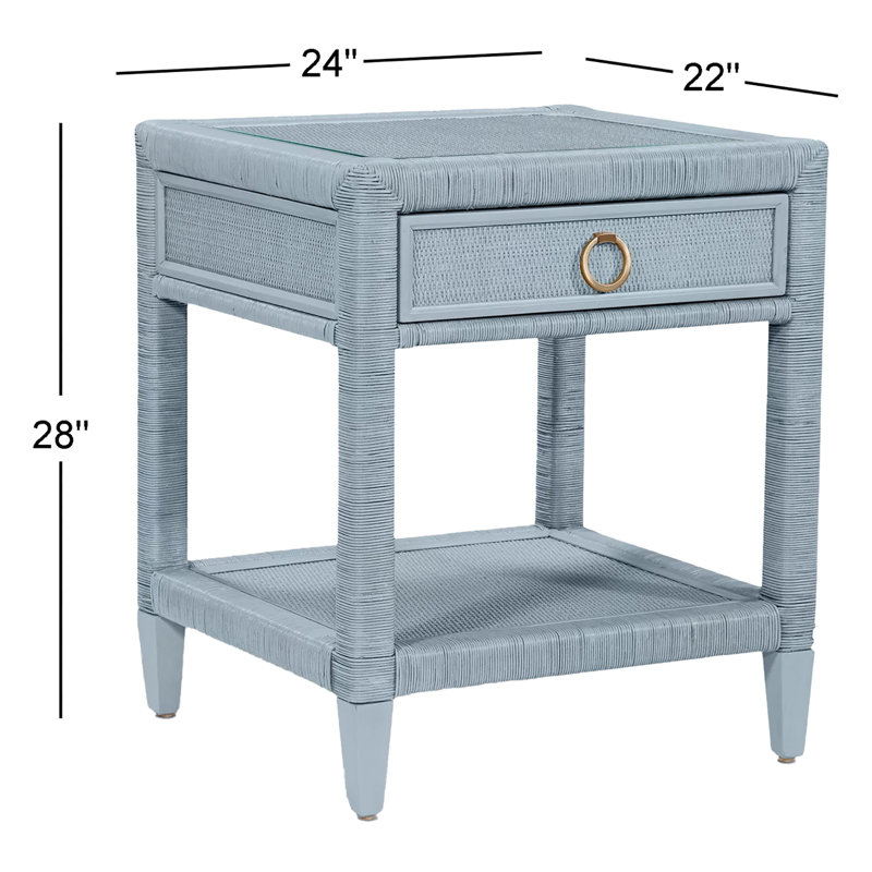 Warwick 1 - Drawer Wicker Nightstand, Satin Brass, Sea Glass