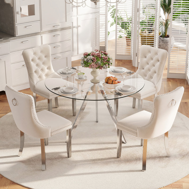 Round Dining Table Set for 4, 30" H x 39" W x 39" D, Beige