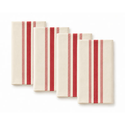 Beige Cotton Cloth Napkins With Red Striped Design 20" X 20", Set Of 4