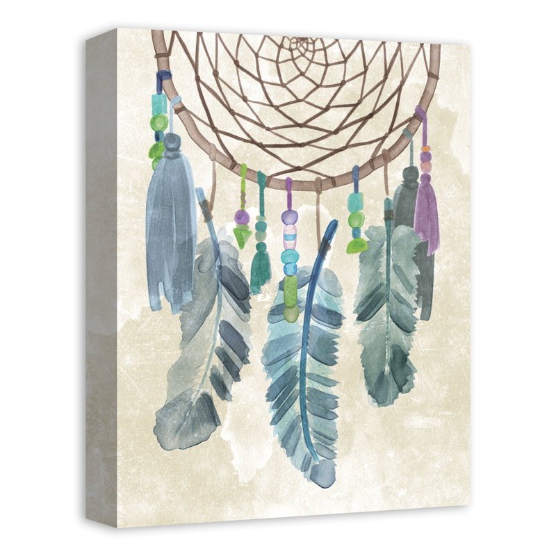 Capteur de rêves plumes bleues sur toile, H 16 po x l 12 po x P 1,25 po