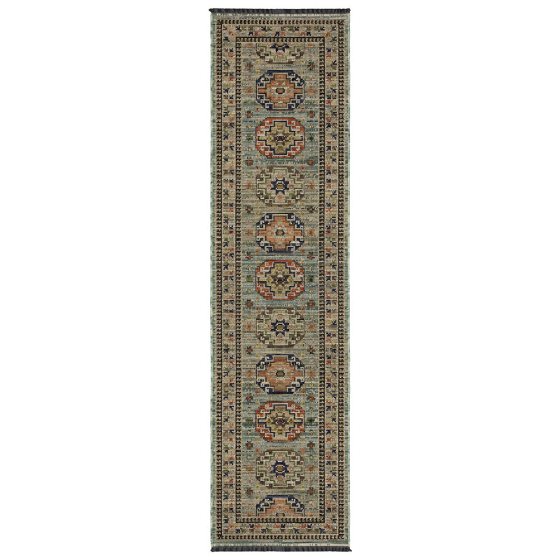 Tincie Tribal Triple Medallion Pale Teal/ Multi Wool Blend Area Rug, Pale Teal/ Multi, Runner 2'6" x 10'