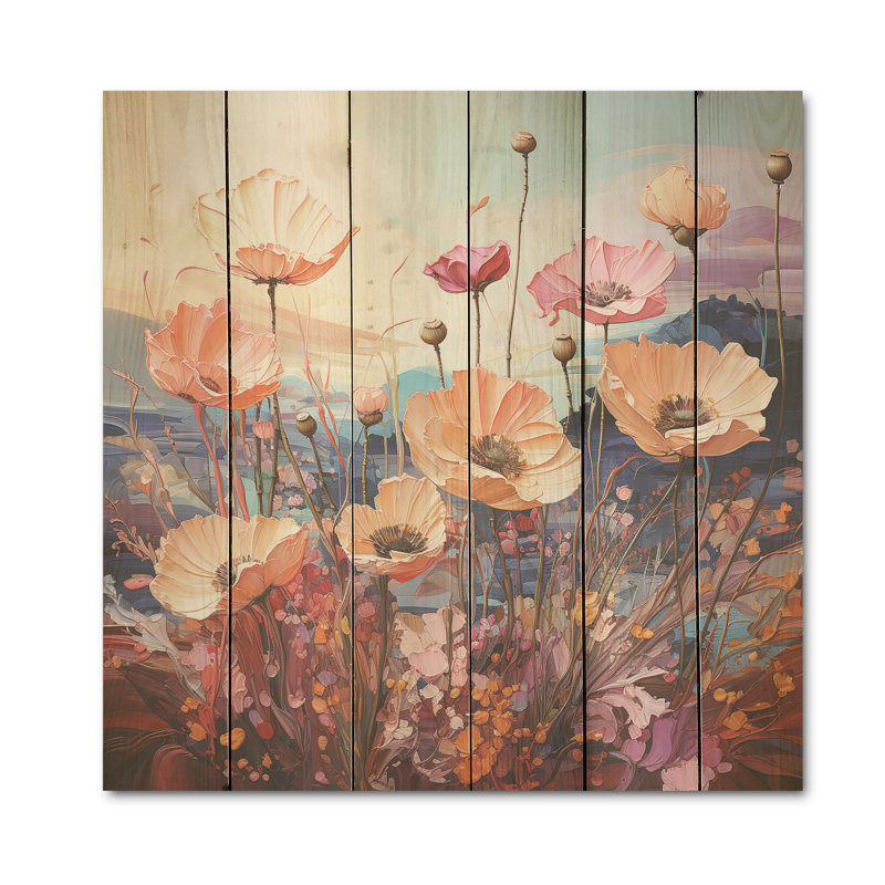 Multicolore fleurs champ liquide I - Art mural en bois champ de fleurs sur bois de pin naturel, H 36 po x l 36 po