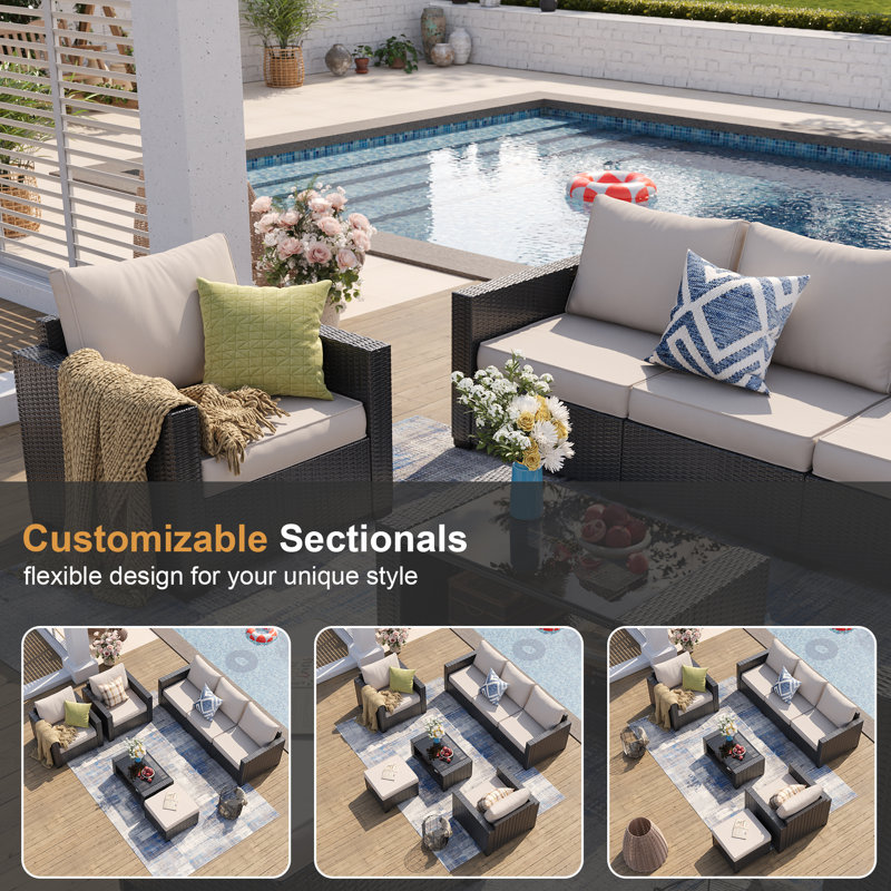 Modular 7 Piece Wicker Patio Outdoor Sectional Furniture Sofa Set With Glass Coffee Table – Weather-resistant Patio Furniture For Flexible Layouts