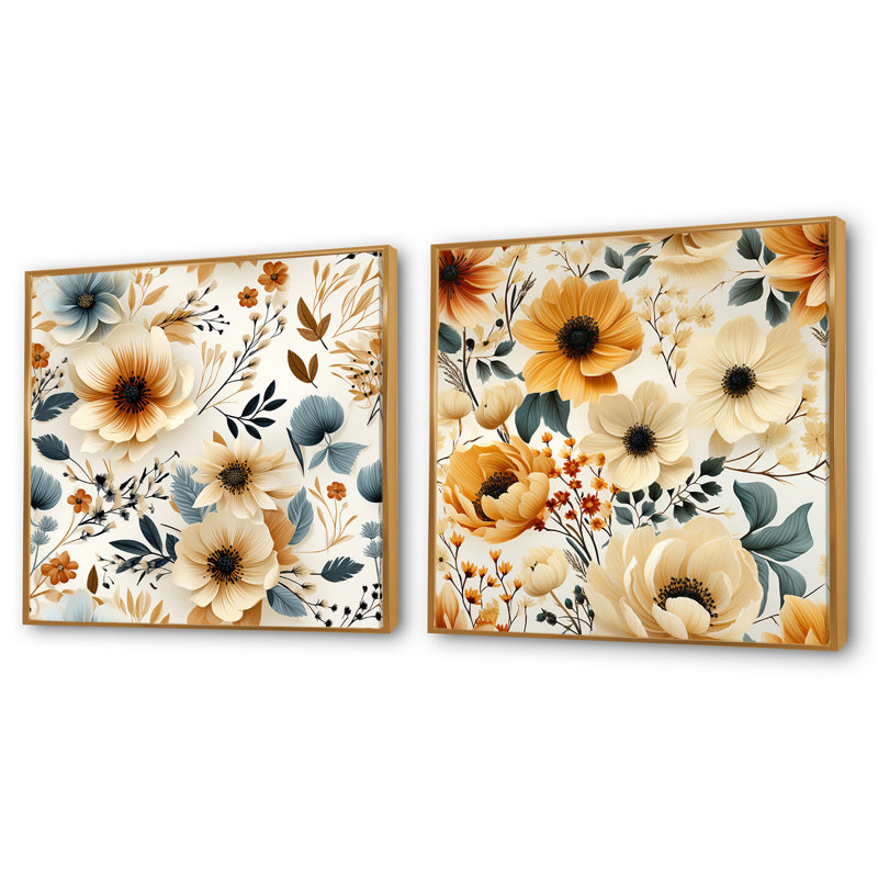 Bouquet de charme beige rustique à motif champêtre floral, H 16 po x l 33 po, Cadre flottant doré