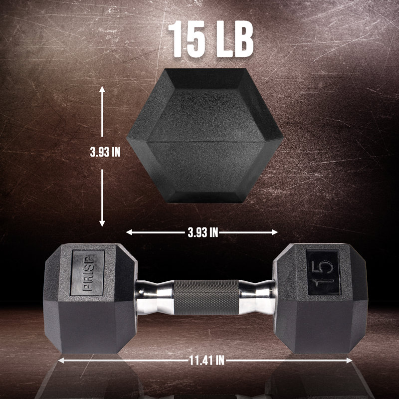 Haltères hexagonales recouvertes de caoutchouc PRISP - poids de 15 lb en fonte avec poignée pour le gymnase, l'exercice et la remise en forme; Unités simples