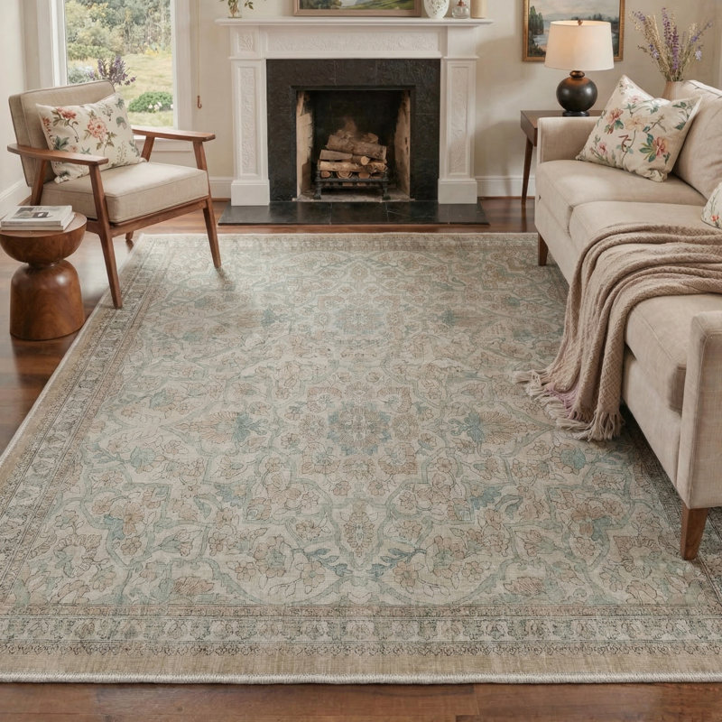Floret Vintage Floral Machine Washable Grey / Brown Indoor Area Rug with Non-Slip Backing, Runner 2' x 7'