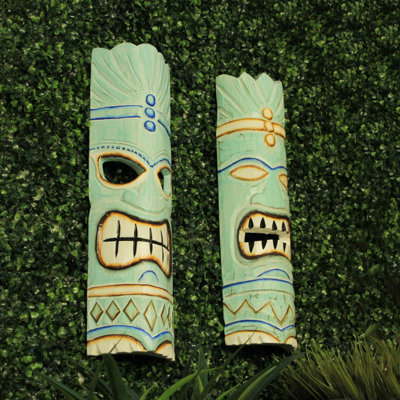 Ensemble de 2 tentures murales en bois tropicales de style tiki polynésien bleu turquoise, 19,5 po de largeur