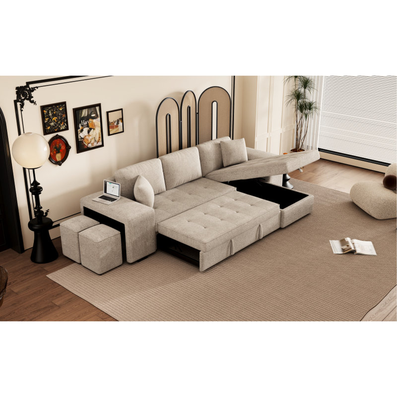 Canapé modulaire réversible en L 104,5 po avec méridienne de rangement, 2 tabourets et canapé-lit crème pour salon