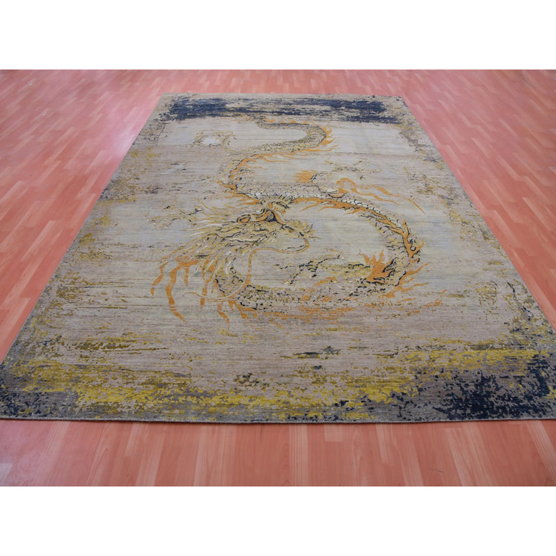 Tapis oriental rectangulaire en laine beige noué à la main 8 pi 11 po x 12 pi 2 po - MOA10275414