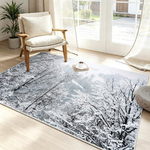 Green Snow Branches Winter Forest Snowy Tree Wonderland Landscape Beautiful Machine Washable Indoor Area Rug