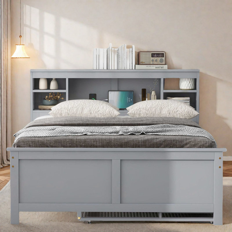 Lit plateforme avec lit gigogne, 3 tiroirs, tête de lit et prises USB, Gris