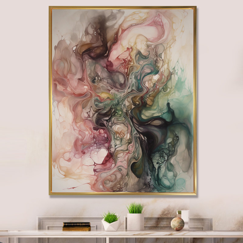 Rose, vert, monde intérieur de marbre I - art mural abstrait géométrique, H 32 po x l 24 po x P 1 po, Cadre flottant doré