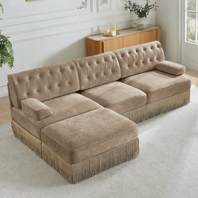 3-Seater High-Quality Velvet Fabric Cloud Modular Sectional With Tassel Skirt, Button Tufted Design, And Premium Wooden Base For Living Room Or Study, Camel