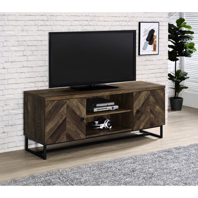 Herringbone Door Front Tv Console In Rustic Oak With Adjustable Shelves And Gunmetal Leg Base For Homes Contemporary Entertainment Square Metal Sled Trestle