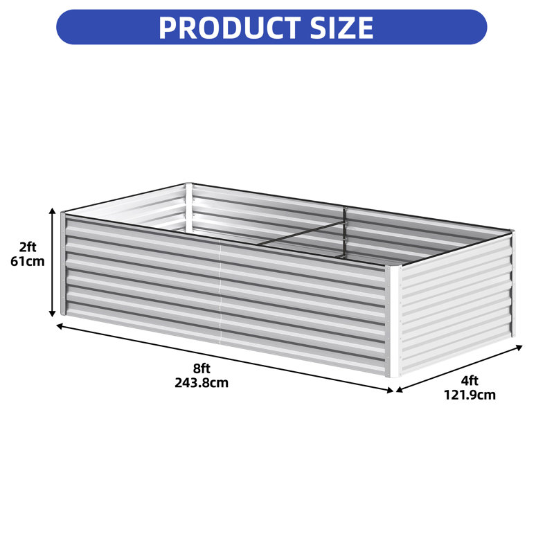 8X4x2ft Large Galvanized Raised Garden Bed Kit With Gloves,Silver, 24'' H x 96'' W x 48'' D, Silver