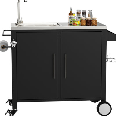 304 Stainless Steel Outdoor Cart Sink, 38" X 18" 35", Movable With Lockable Wheels, Suitable For Indoor/Outdoor Barbecue Gatherings Grill Construction, 360 Wheels And A Napkin Holder