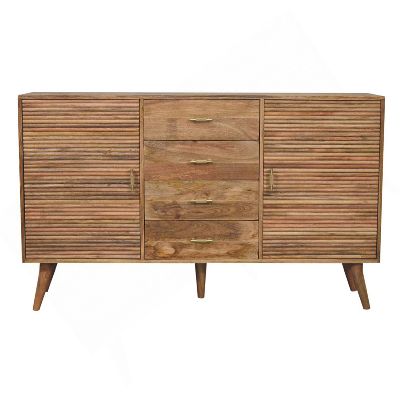Grande commode nordique en bois massif à barre en T Soba, 4 tiroirs, 4 tablettes de rangement, brun clair