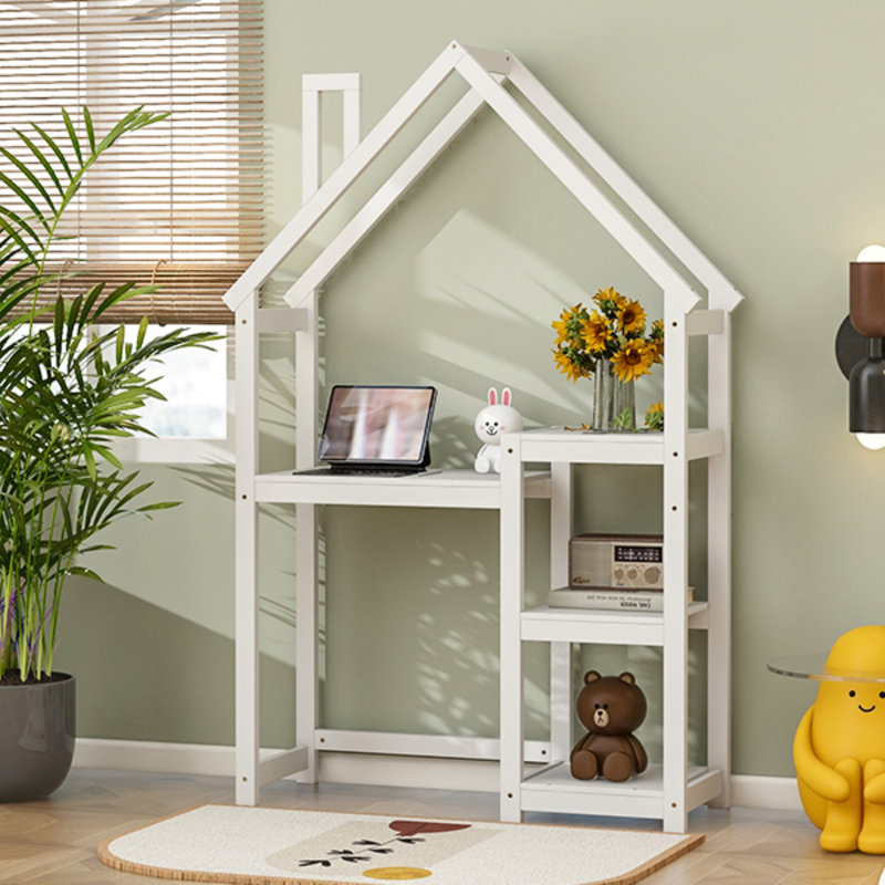 Bureau en bois en forme de maison, table d'étude pour enfants, bibliothèque et rangement pour jouets (bibliothèque), Blanc