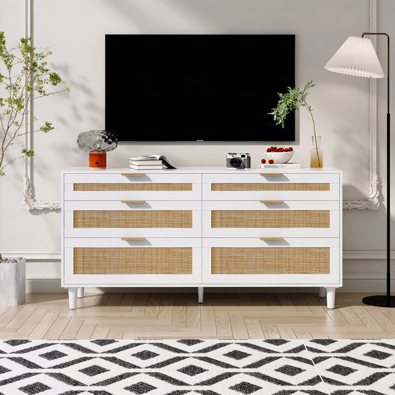 Commode à 6 tiroirs, commode en rotin de 59 po avec tiroirs, pour chambre à coucher, armoire de rangement de vêtements (commode / commode) pour la chambre à coucher, pieds en bois