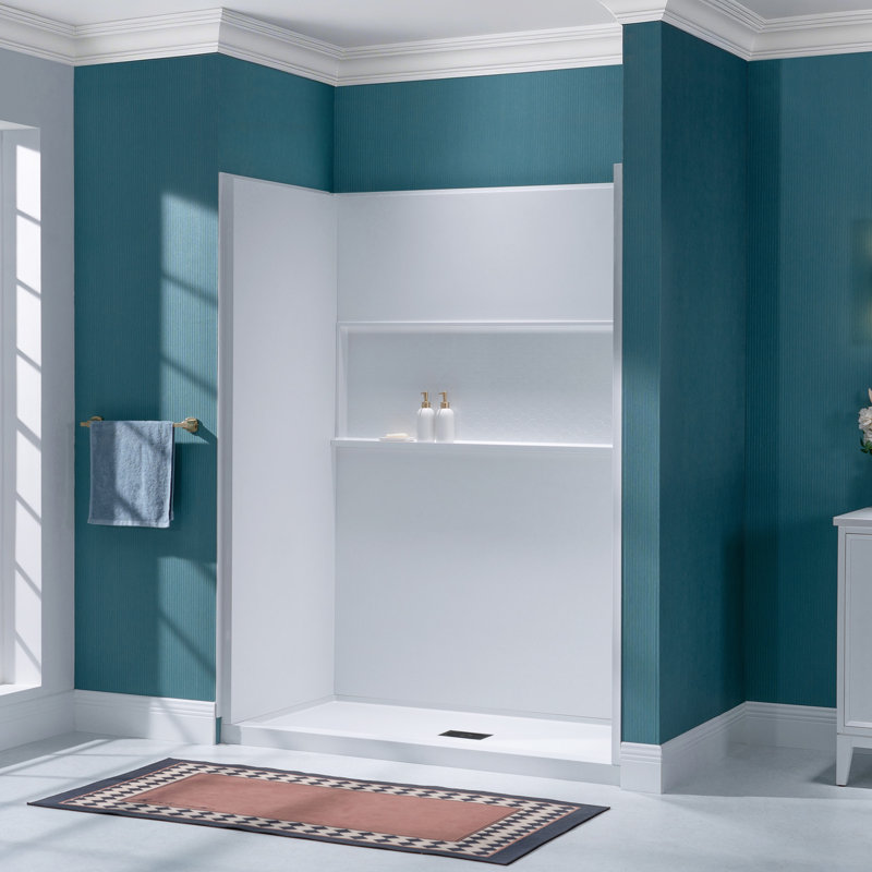 60" W x 32" D x 77“H Shower Combo Kit with Glue-Up Carrara White Shower Wall Panels and Center Drain Location White Shower Base
