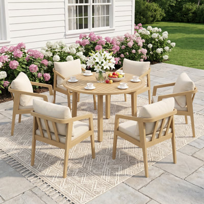 Ensemble repas d'extérieur en bois d'acacia 6 personnes Barkbridge avec coussins résistants à l'eau et trou pour parasol