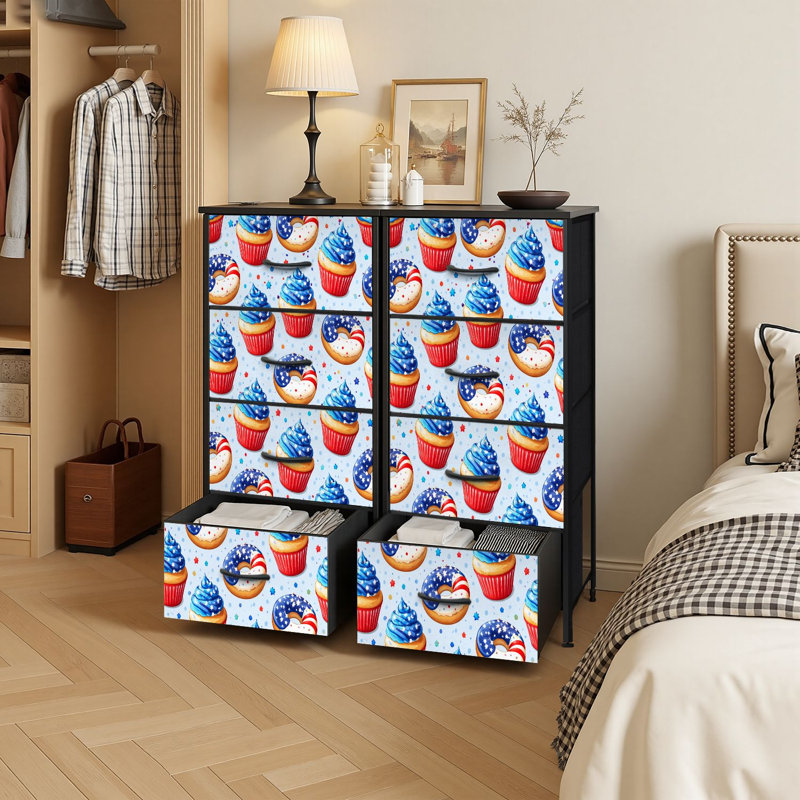 Commode de rangement verticale 4 tiroirs Patriotique drapeau américain Donuts Cupcakes rouge blanc bleu étoiles avec tiroirs en bois