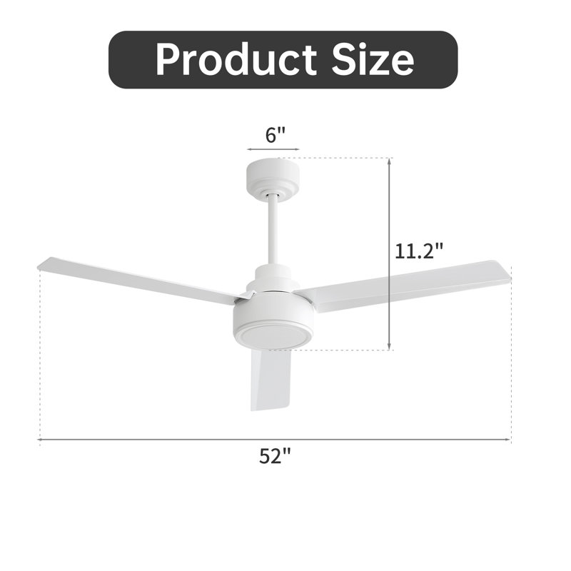 Keilee 52'' 3-ABS-Blade Propeller Standard Ceiling Fan with Remote Control and no Light, White