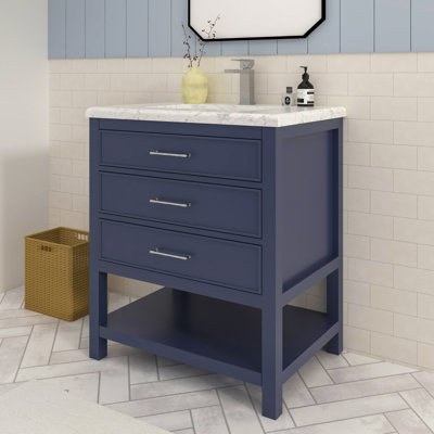 Nilles 30 in. Single Sink Freestanding with Open Shelf Bath Vanity in Marine Blue with Carrara Marble Top